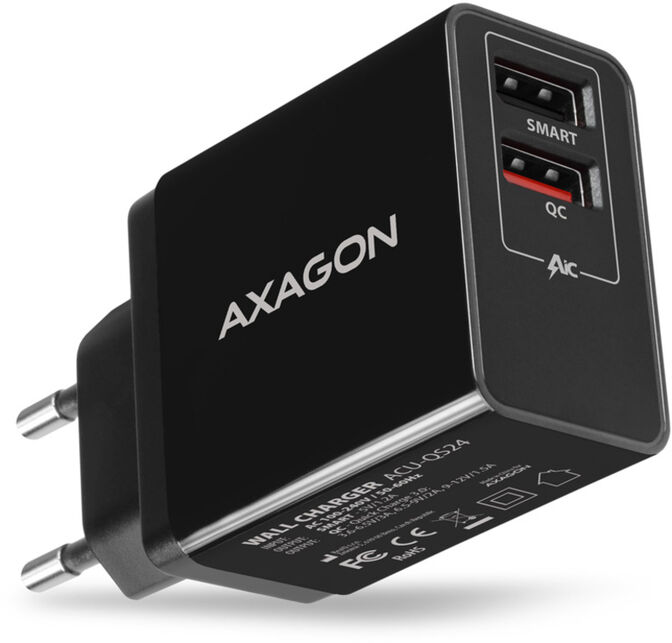 Cargador de pared AXAGON ACU-QS24 5V 1,2A + 1x QC3.0 24W Negro image number 0