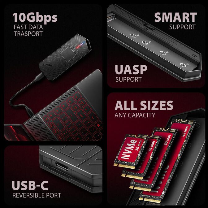 Caja SSD AXAGON EEM2-GAM USB-C 3.2 Gen 2 10Gbps - M.2 NVMe/SATA SSD GAME 30-80mm ALU box image number 10