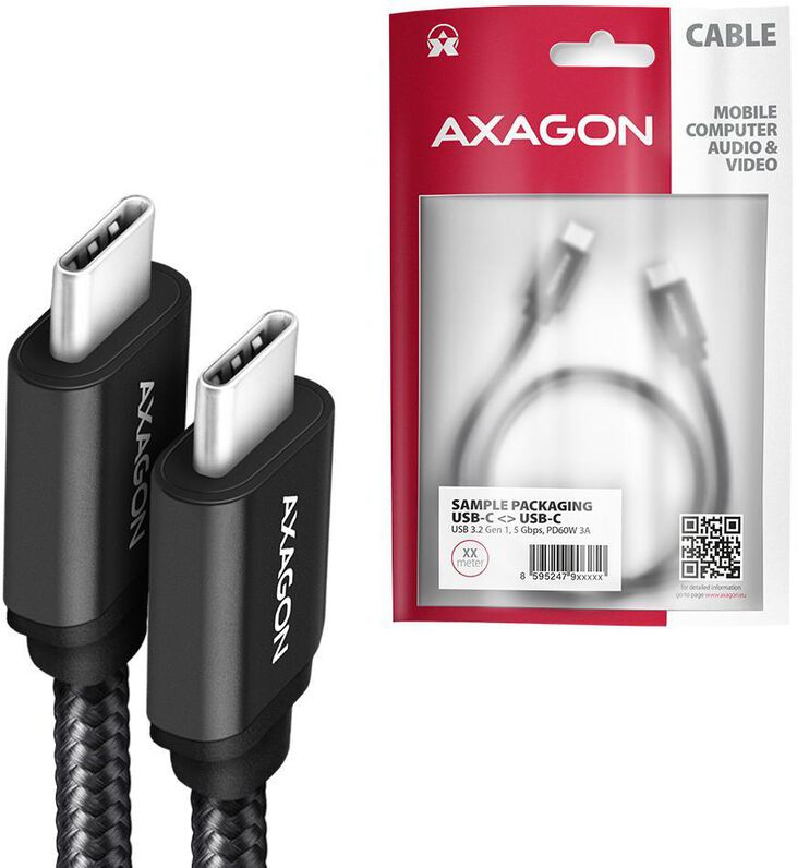 Cable de cargamento AXAGON BUCM-CM10AB USB-C  <-> USB-C 2.0, 1m, PD 60W, 3A, ALU, braid, Negro image number 5