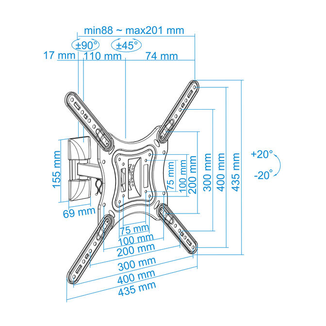 Soporte de Pared Tooq Tilt e GiRat&oacute;nrio 2 Pivots 23" a 55" Max. 30kg Negro image number 12