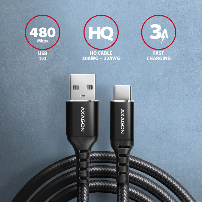 Cable de cargamento AXAGON BUCM-AM15AB USB-C  <-> USB-A, 1.5m, USB 2.0, 3A, ALU, braid, Negro image number 1