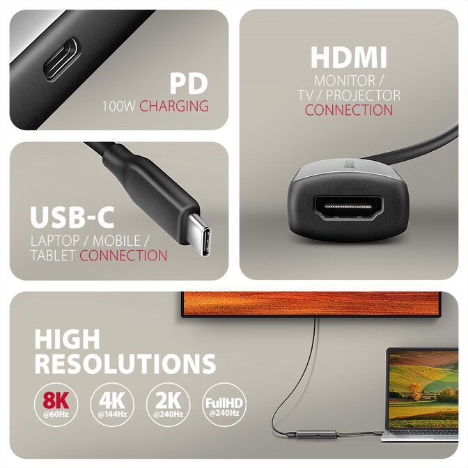 Cable AXAGON RVC-HI8KPD -> HDMI 2.1 adapter 8K/60Hz  4K/144Hz Aluminum, 1,8m image number 1