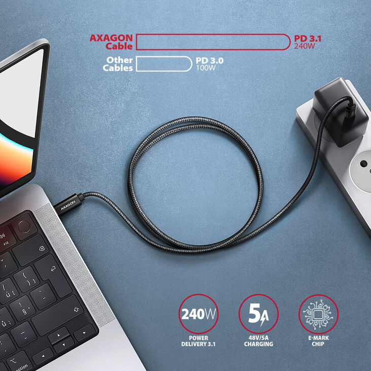 Cable de Carga AXAGON BUCM2-CM15AB USB-C <-> USB-C 2.0, 1.5m, PD 240W 5A, ALU, braid image number 2