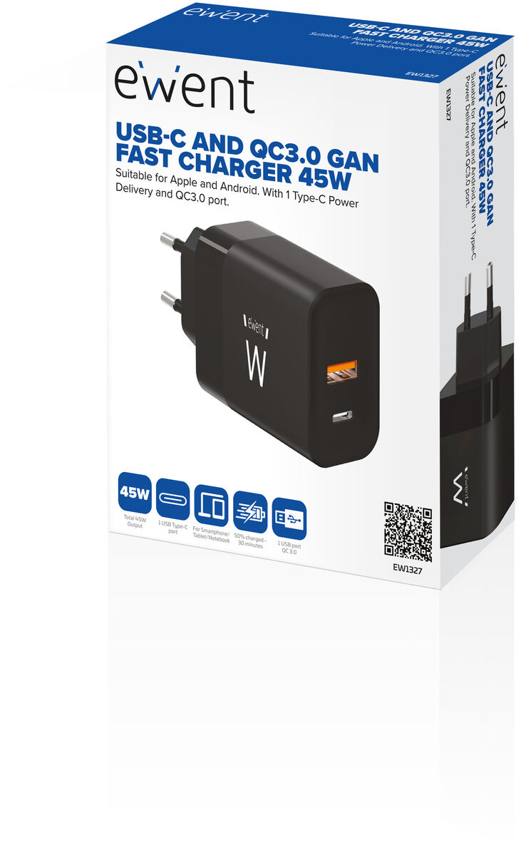Cargador Ewent EW1327 USB-C/USB-A GaN Fast Charger 45W Negro image number 1