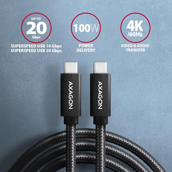 Cable de cargamento AXAGON BUCM32-CM05AB USB-C  <-> USB-C 3.2 Gen 2, 1m, PD 100W, 5A, 4K HD, ALU, braid, Negro image number 1