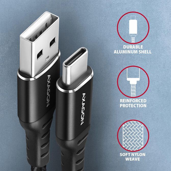 Cable de cargamento AXAGON BUCM-AM10AB USB-C  <-> USB-A, 1m, USB 2.0, 3A, ALU, braid, Negro image number 2