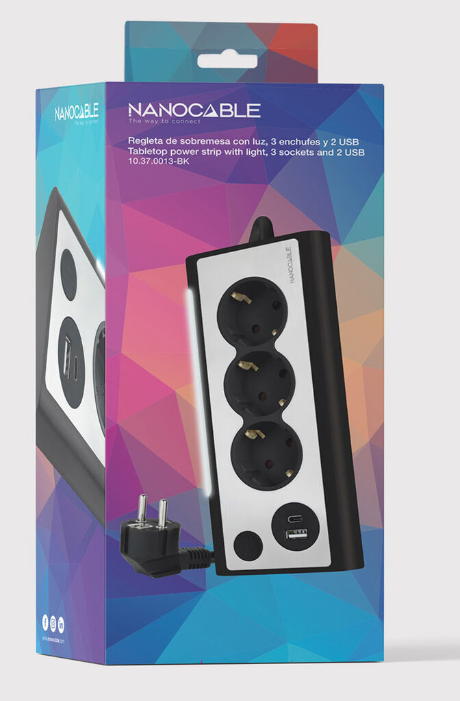 Regleta NanoCable 3 Tomas / 2x USB ( USB-C / USB-A ) Negro image number 3