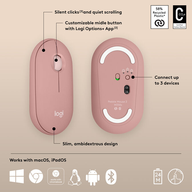 Rat&oacute;n Logitech Pebble 2 M350s Bluetooth Rosa image number 21
