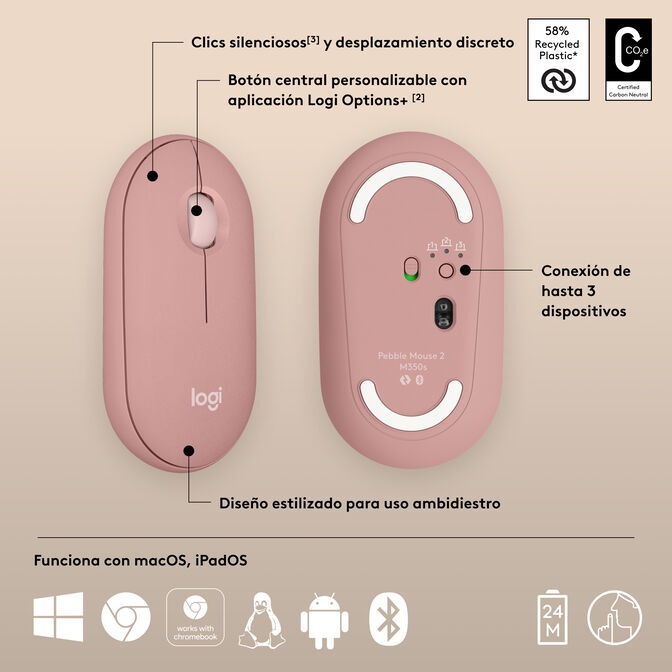 Rat&oacute;n Logitech Pebble 2 M350s Bluetooth Rosa image number 7