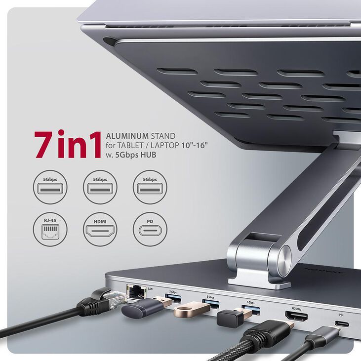 Soporte para portáteis 10" - 16" AXAGON HMC-STND c/ HUB 5Gbps, 3x USB-A, HDMI 4K/60Hz, GLAN, PD 100W, USB-C input image number 2