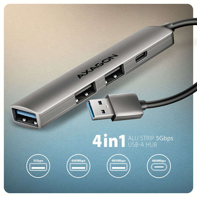 HUB USB AXAGON HUE-STA 1x USB-A 5Gbps + 2x USB-A + 1x USB-C, cable USB-A 12 cm image number 1