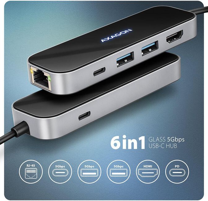 Multiport-Hub AXAGON HMC-6GLN 2x USB-A 5Gbps, 1x USB-C 5Gbps, 4K/60Hz HDMI, RJ-45, USB 3.2 Gen 1 hub, PD 100W, 20cm USB-C cable image number 3