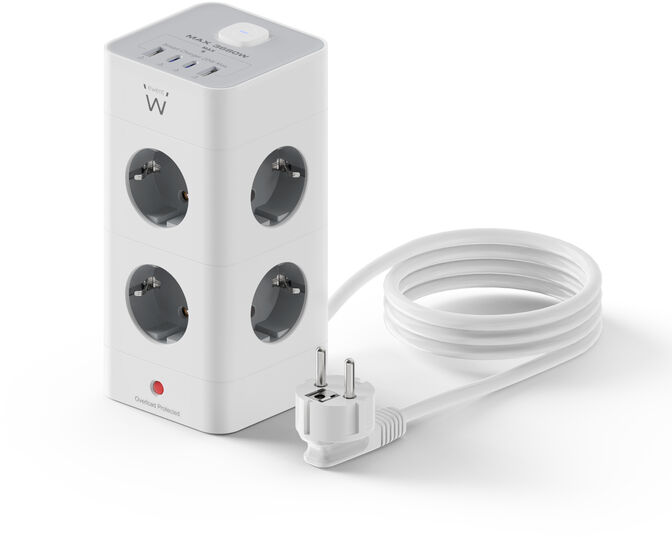 Bloco Tomada Ewent EW3864 Power Tower 8 Tomadas Schuko 16A + 2 USB-A + 2 USB-C 2m Branca/Gris image number 0