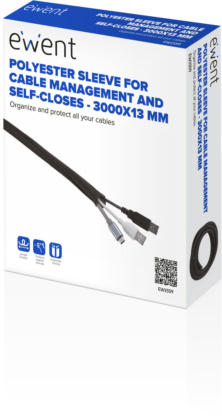 Manga Flexible Ewent EW1559 p/ Organizar Cables com Fecho 3000x13mm Preta image number 1
