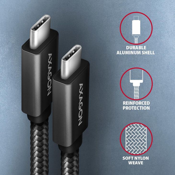 Cable de cargamento AXAGON BUCM32-CM05AB USB-C  <-> USB-C 3.2 Gen 2, 1m, PD 100W, 5A, 4K HD, ALU, braid, Negro image number 2