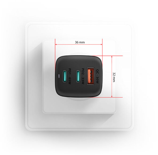 AXAGON ACU-DPQ65 Cargador de Pared, 3 puertas (USB + Dual USB-C), PD3.0/QC4+/PPS/Apple, 65 W, Negro image number 2