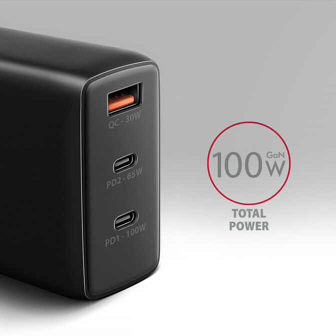 Cargador de pared AXAGON ACU-DPQ100, 3 puertas (USB + USB-C duplo), PD3.0/QC4+/PPS/Apple, 100 W, Negro image number 1