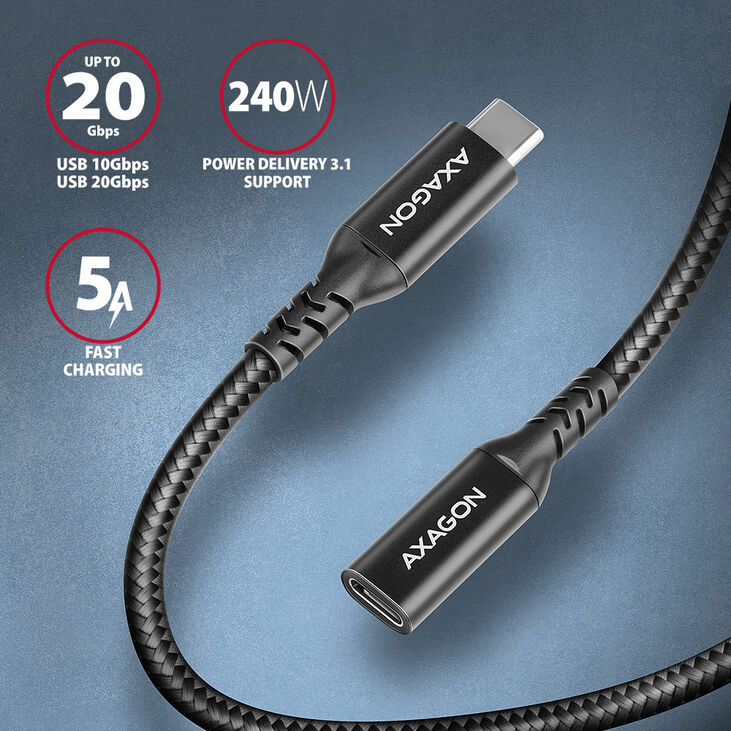 Extensión AXAGON BUCM32-CF15AB USB-C <-> USB-C 3.2 Gen 2, 1.5m, 20 Gbps, ALU, braid image number 1