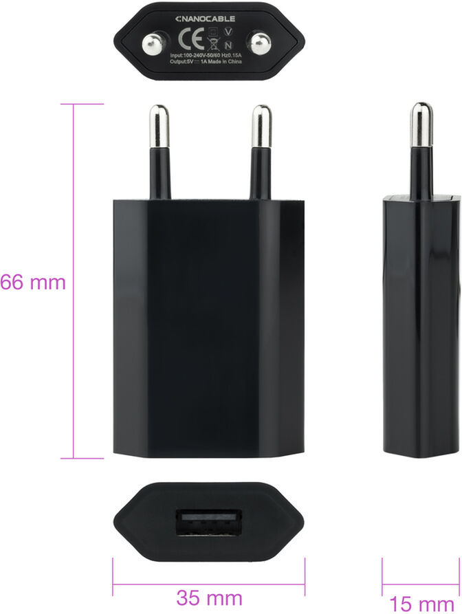 Mini cargador Nanocable USB, 5V/1A, Negro image number 2