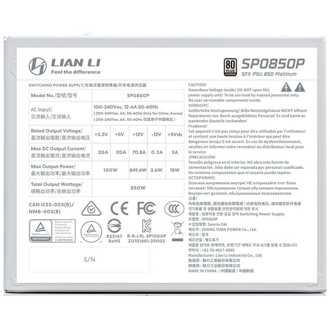 Fuente de Alimentacion Lian Li SP Platinum 850W White image number 5