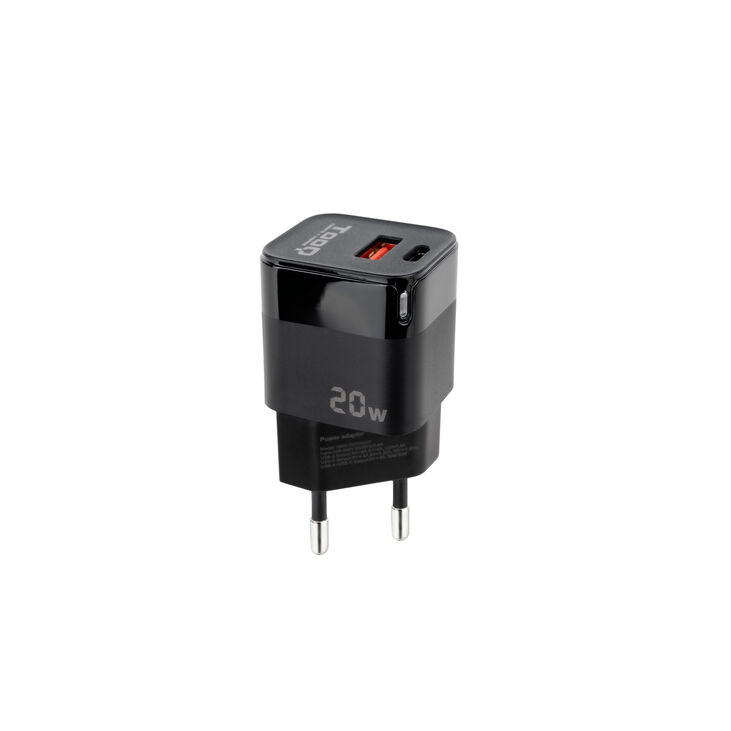 Cargador Tooq USB-C/PD 20W + USB-A/QC 20W Negro image number 0