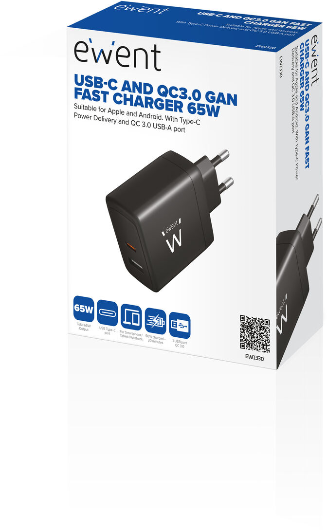 Cargador Ewent EW1330 USB-C/USB-A GaN Fast Charger 65W Negro image number 3