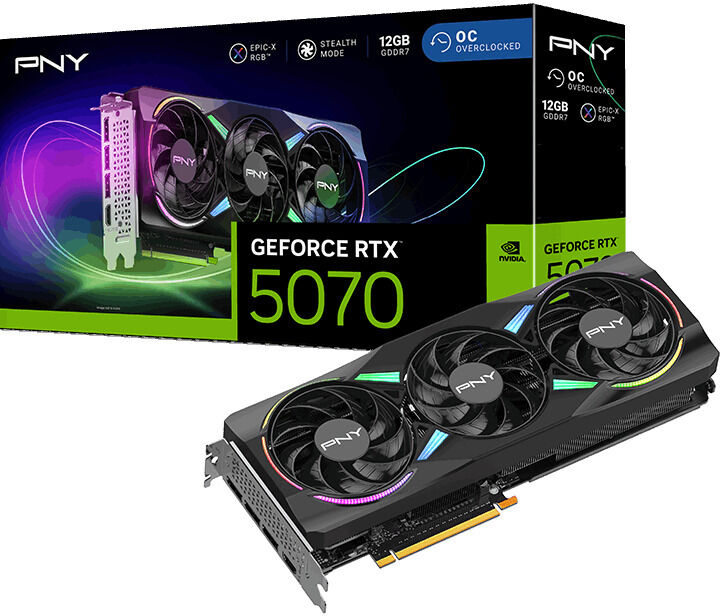 Tarjeta Gr&aacute;fica PNY GeForce&reg; RTX 5070 Gaming RGB Triple Fan OC 12GB GDDR7 DLSS4