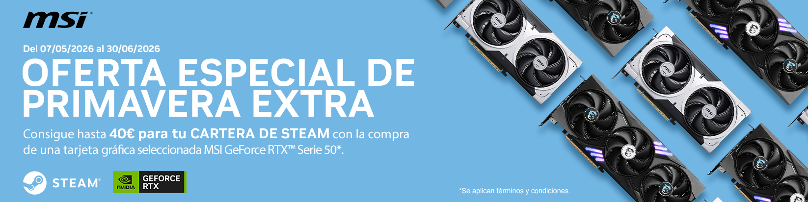 Consigue hasta 40€ en una tarjeta Steam al comprar una tarjeta gráfica MSI GeForce RTX 50 válida